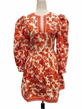 Avara Melanie Dress Puff Sleeve Orange Cream Floral Dress Size Small